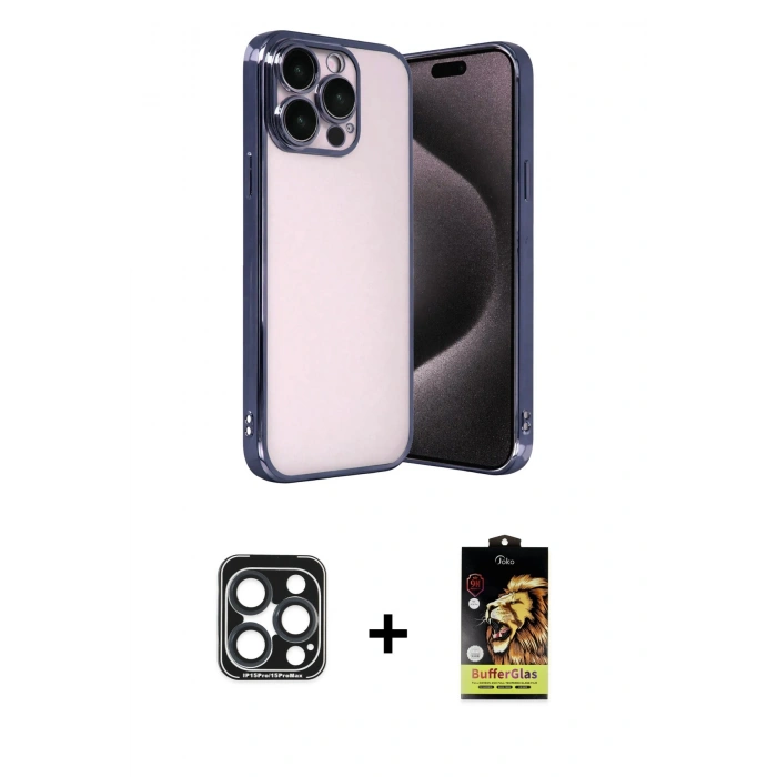 MARSİLYAN™- iPhone 15 Pro Max Kılıf Vadi Minimal - Siyah Buffer Cam Ekran Koruyucu + PVD Metal Kamera Lens - LT