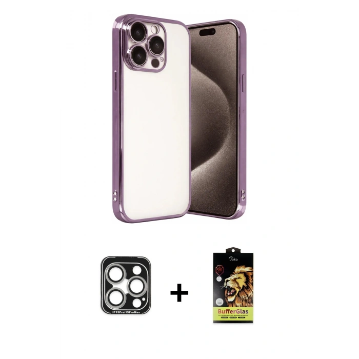 MARSİLYAN™- iPhone 15 Pro Max Kılıf Vadi Minimal - Siyah Buffer Cam Ekran Koruyucu + PVD Metal Kamera Lens - GS