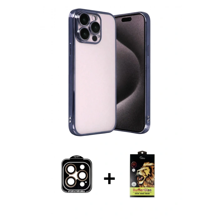 MARSİLYAN™- iPhone 15 Pro Max Kılıf Vadi Minimal - Siyah Buffer Cam Ekran Koruyucu + PVD Metal Kamera Lens - TU