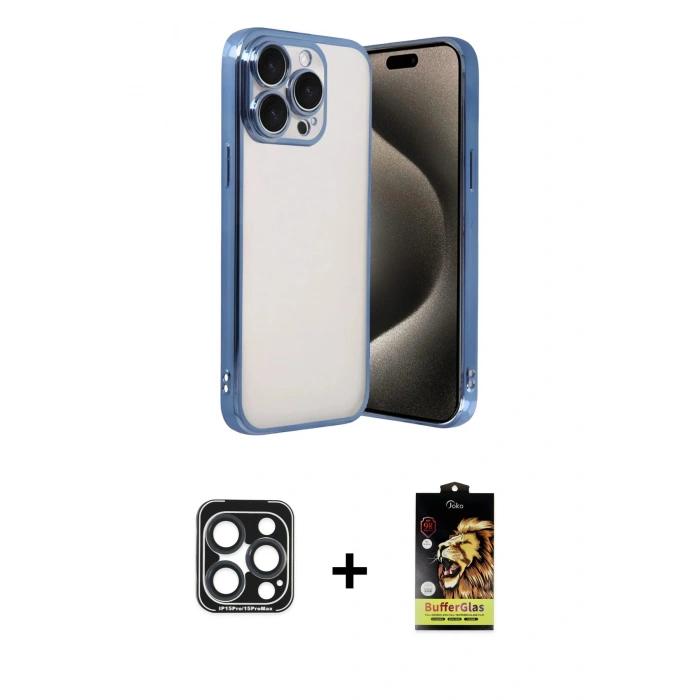 MARSİLYAN™- iPhone 15 Pro Max Kılıf Vadi Minimal - Siyah Buffer Cam Ekran Koruyucu + PVD Metal Kamera Lens - LT