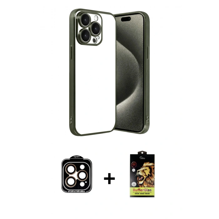 MARSİLYAN™- iPhone 15 Pro Max Kılıf Vadi Minimal - Siyah Buffer Cam Ekran Koruyucu + PVD Metal Kamera Lens - TU