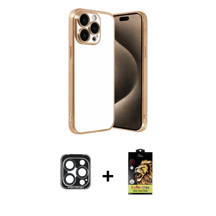 MARSİLYAN™- iPhone 15 Pro Max Kılıf Vadi Minimal - Siyah Buffer Cam Ekran Koruyucu + PVD Metal Kamera Lens - LT