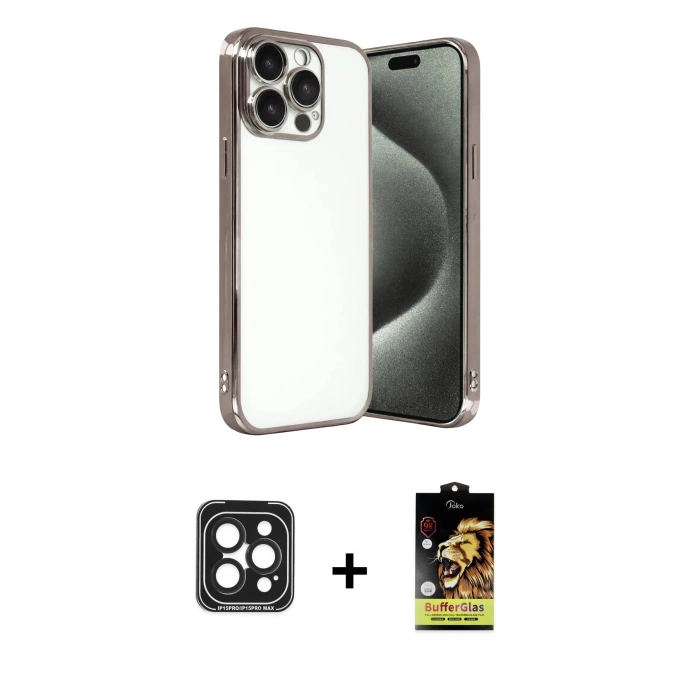 MARSİLYAN™- iPhone 15 Pro Max Kılıf Vadi Minimal - Siyah Buffer Cam Ekran Koruyucu + PVD Metal Kamera Lens - SH