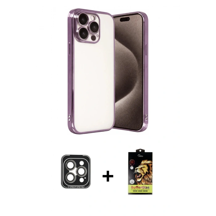 MARSİLYAN™- iPhone 15 Pro Max Kılıf Vadi Minimal - Siyah Buffer Cam Ekran Koruyucu + PVD Metal Kamera Lens - GI