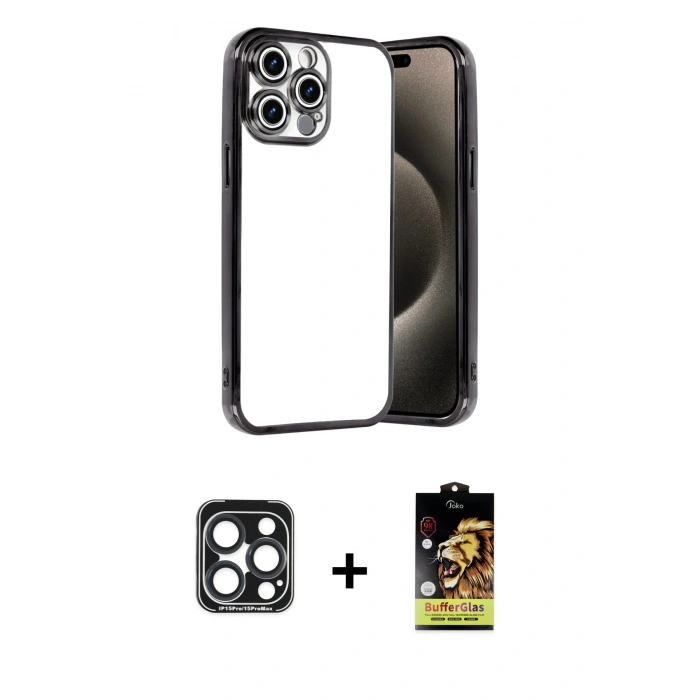 MARSİLYAN™- iPhone 15 Pro Max Kılıf Vadi Minimal - Siyah Buffer Cam Ekran Koruyucu + PVD Metal Kamera Lens - LT