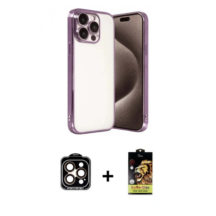 MARSİLYAN™- iPhone 15 Pro Max Kılıf Vadi Minimal - Siyah Buffer Cam Ekran Koruyucu + PVD Metal Kamera Lens - TU