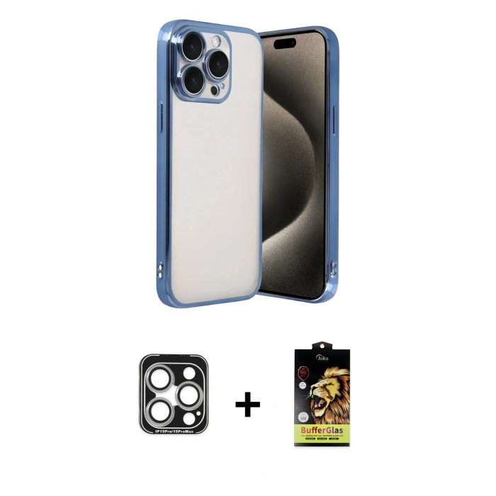 MARSİLYAN™- iPhone 15 Pro Max Kılıf Vadi Minimal - Siyah Buffer Cam Ekran Koruyucu + PVD Metal Kamera Lens - GS