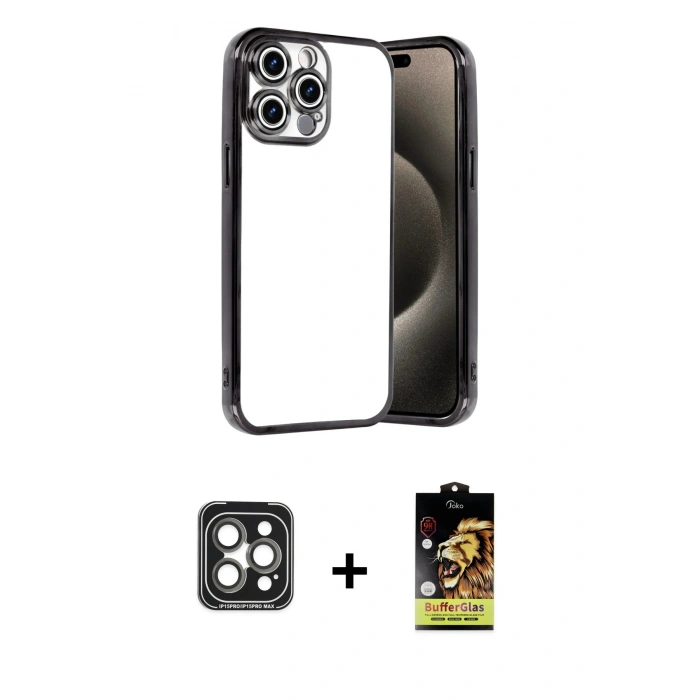 MARSİLYAN™- iPhone 15 Pro Max Kılıf Vadi Minimal - Siyah Buffer Cam Ekran Koruyucu + PVD Metal Kamera Lens - GI