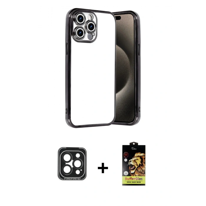 MARSİLYAN™- iPhone 15 Pro Max Kılıf Vadi Minimal - Siyah Buffer Cam Ekran Koruyucu + PVD Metal Kamera Lens - SH