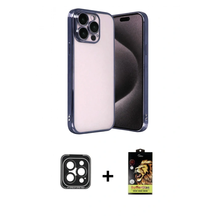 MARSİLYAN™- iPhone 15 Pro Max Kılıf Vadi Minimal - Siyah Buffer Cam Ekran Koruyucu + PVD Metal Kamera Lens - SH