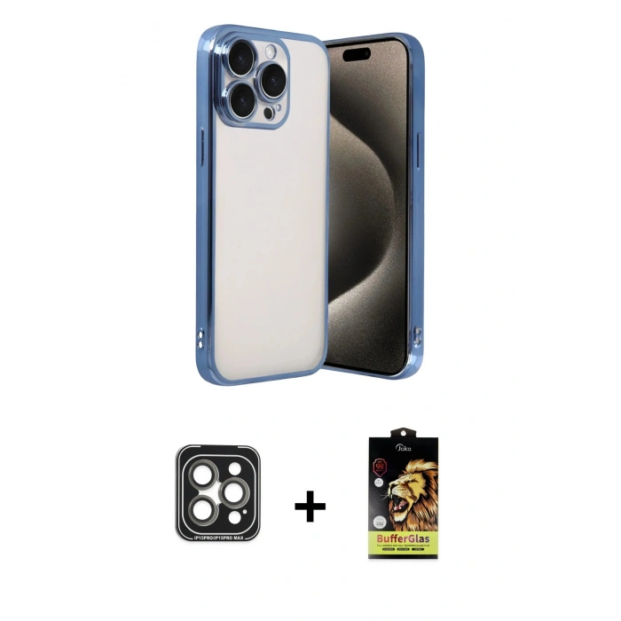 MARSİLYAN™- iPhone 15 Pro Max Kılıf Vadi Minimal - Siyah Buffer Cam Ekran Koruyucu + PVD Metal Kamera Lens - GI