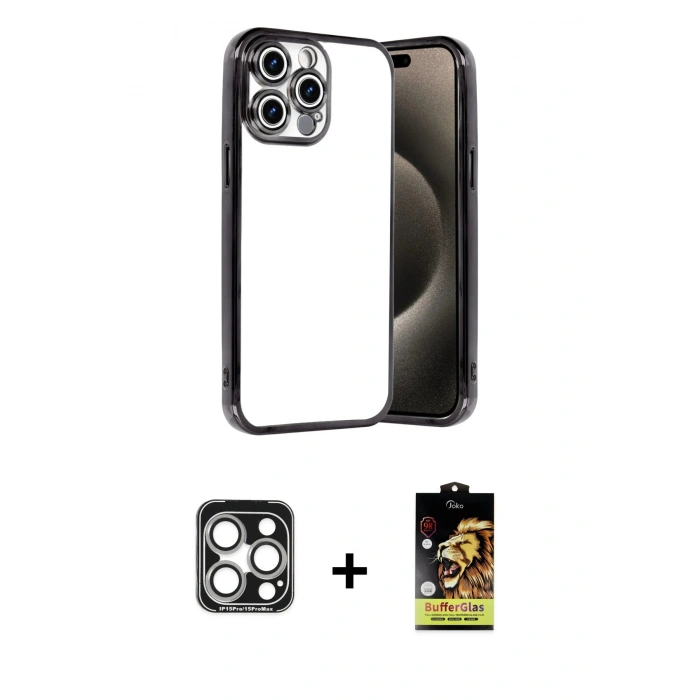 MARSİLYAN™- iPhone 15 Pro Max Kılıf Vadi Minimal - Siyah Buffer Cam Ekran Koruyucu + PVD Metal Kamera Lens - GS