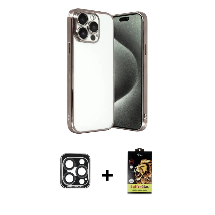 MARSİLYAN™- iPhone 15 Pro Max Kılıf Vadi Minimal - Siyah Buffer Cam Ekran Koruyucu + PVD Metal Kamera Lens - LT