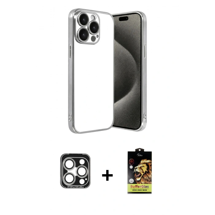 MARSİLYAN™- iPhone 15 Pro Max Kılıf Vadi Minimal - Siyah Buffer Cam Ekran Koruyucu + PVD Metal Kamera Lens - GS