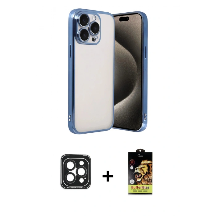 MARSİLYAN™- iPhone 15 Pro Max Kılıf Vadi Minimal - Siyah Buffer Cam Ekran Koruyucu + PVD Metal Kamera Lens - SH