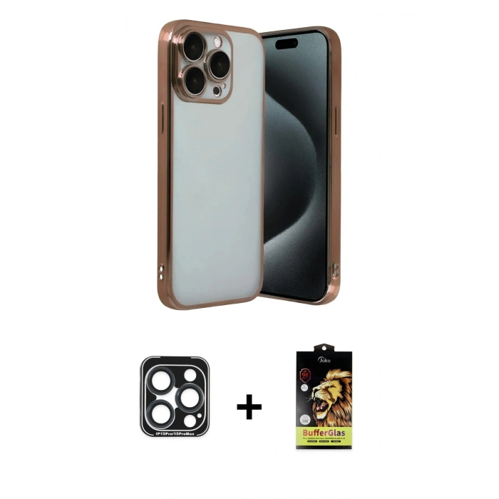 MARSİLYAN™- iPhone 15 Pro Max Kılıf Vadi Minimal - Siyah Buffer Cam Ekran Koruyucu + PVD Metal Kamera Lens - LT