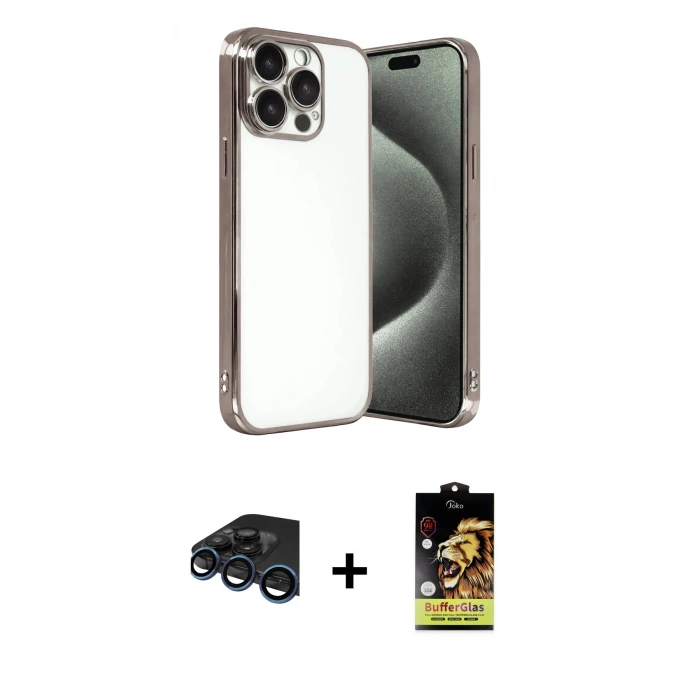 MARSİLYAN™- iPhone 15 Pro Max Kılıf Vadi Minimal - Siyah Buffer Cam Ekran Koruyucu + Raze Metal Kamera Lens - LT
