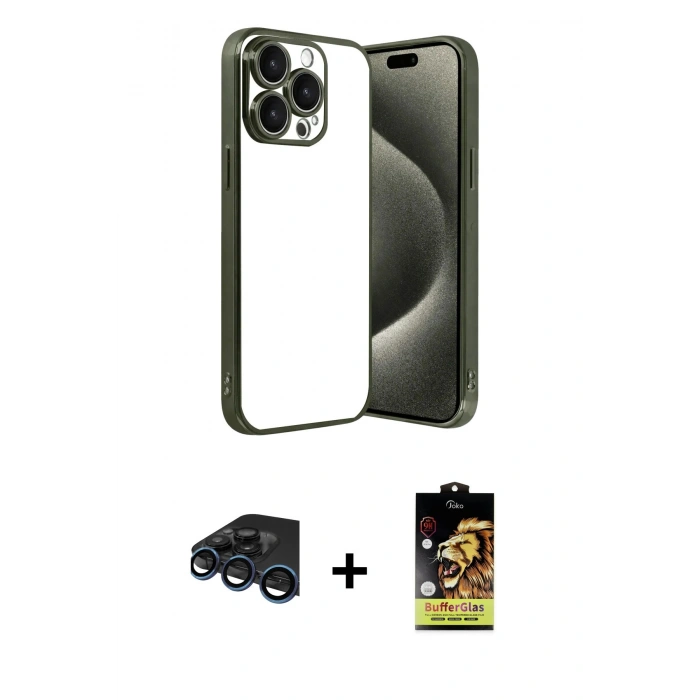 MARSİLYAN™- iPhone 15 Pro Max Kılıf Vadi Minimal - Siyah Buffer Cam Ekran Koruyucu + Raze Metal Kamera Lens - LT