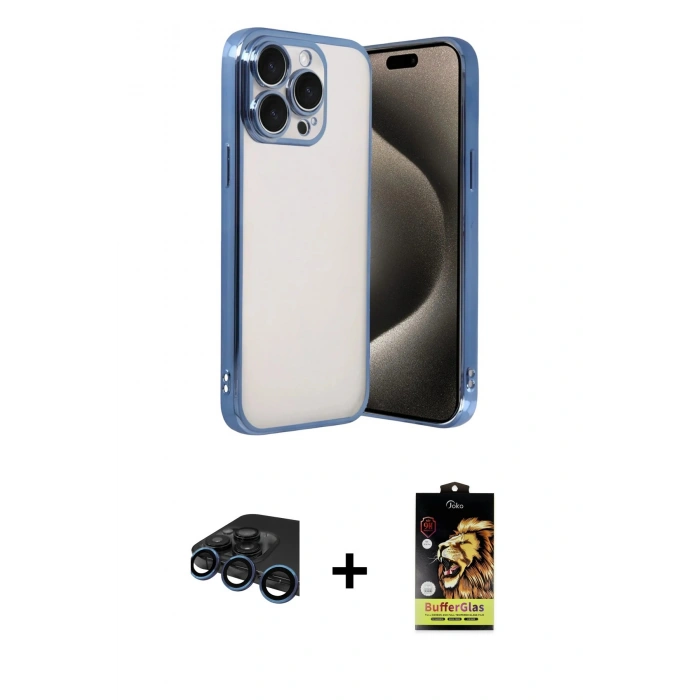 MARSİLYAN™- iPhone 15 Pro Max Kılıf Vadi Minimal - Siyah Buffer Cam Ekran Koruyucu + Raze Metal Kamera Lens - LT