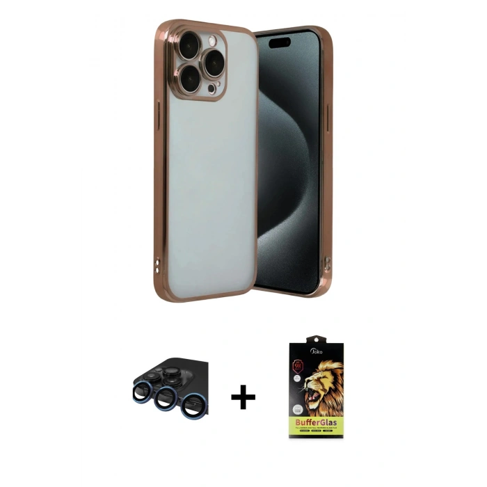 MARSİLYAN™- iPhone 15 Pro Max Kılıf Vadi Minimal - Siyah Buffer Cam Ekran Koruyucu + Raze Metal Kamera Lens - LT