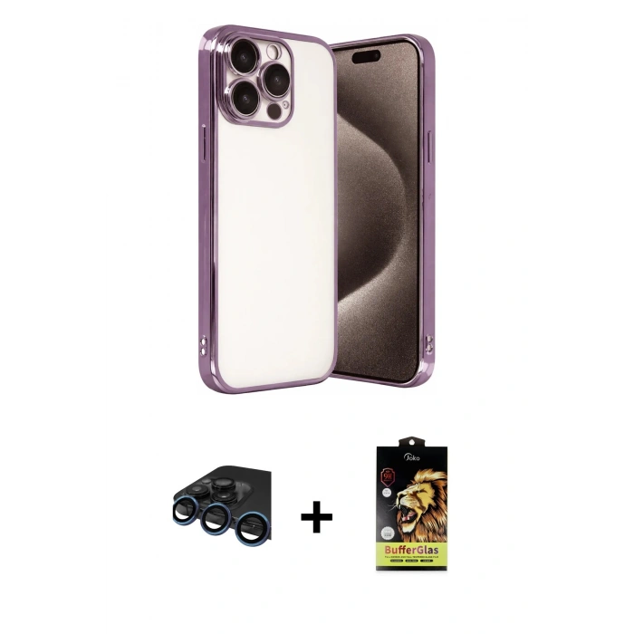 MARSİLYAN™- iPhone 15 Pro Max Kılıf Vadi Minimal - Siyah Buffer Cam Ekran Koruyucu + Raze Metal Kamera Lens - LT