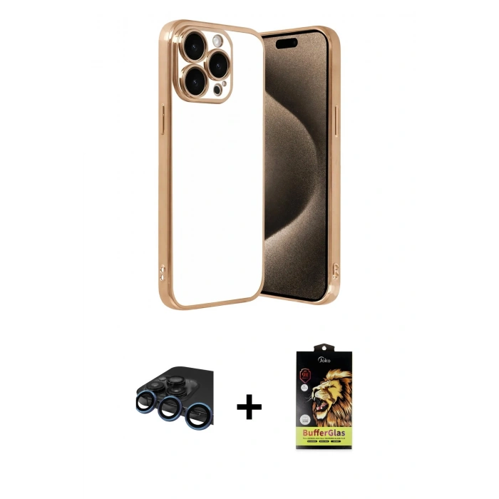 MARSİLYAN™- iPhone 15 Pro Max Kılıf Vadi Minimal - Siyah Buffer Cam Ekran Koruyucu + Raze Metal Kamera Lens - LT