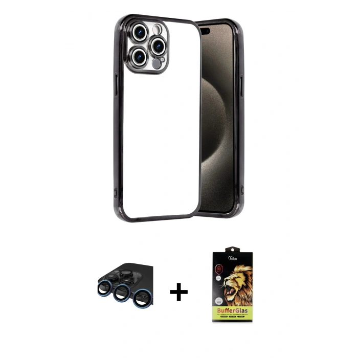 MARSİLYAN™- iPhone 15 Pro Max Kılıf Vadi Minimal - Siyah Buffer Cam Ekran Koruyucu + Raze Metal Kamera Lens - LT