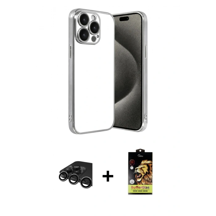 MARSİLYAN™- iPhone 15 Pro Max Kılıf Vadi Minimal - Siyah Buffer Cam Ekran Koruyucu + Raze Metal Kamera Lens - TMGI