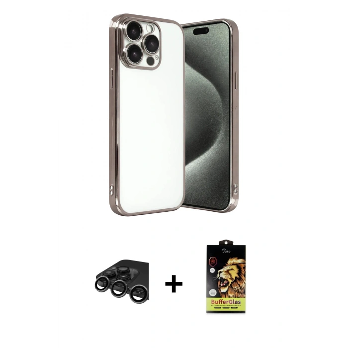 MARSİLYAN™- iPhone 15 Pro Max Kılıf Vadi Minimal - Siyah Buffer Cam Ekran Koruyucu + Raze Metal Kamera Lens - TMGI