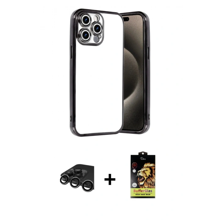 MARSİLYAN™- iPhone 15 Pro Max Kılıf Vadi Minimal - Siyah Buffer Cam Ekran Koruyucu + Raze Metal Kamera Lens - TMGI