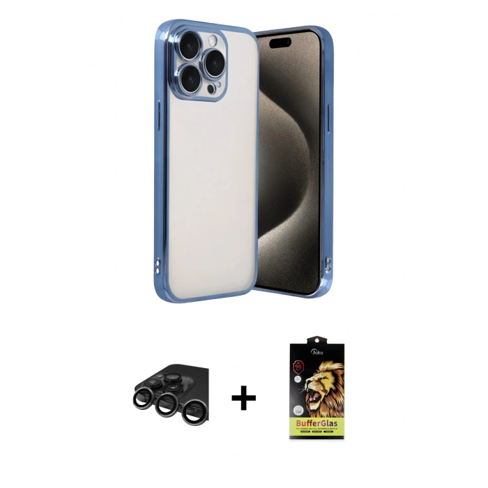 MARSİLYAN™- iPhone 15 Pro Max Kılıf Vadi Minimal - Siyah Buffer Cam Ekran Koruyucu + Raze Metal Kamera Lens - TMGI