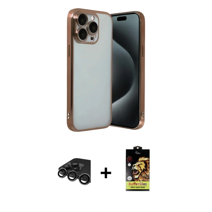 MARSİLYAN™- iPhone 15 Pro Max Kılıf Vadi Minimal - Siyah Buffer Cam Ekran Koruyucu + Raze Metal Kamera Lens - TMGI