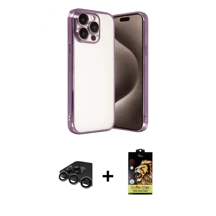 MARSİLYAN™- iPhone 15 Pro Max Kılıf Vadi Minimal - Siyah Buffer Cam Ekran Koruyucu + Raze Metal Kamera Lens - TMGI