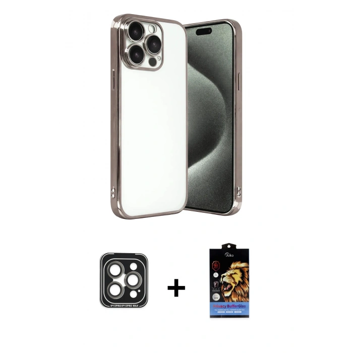 MARSİLYAN™- iPhone 15 Pro Max Kılıf Vadi Minimal - Siyah Buffer Hayalet Cam Ekran Koruyucu + Gri PVD Metal Kamera Lens