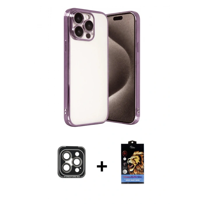 MARSİLYAN™- iPhone 15 Pro Max Kılıf Vadi Minimal - Siyah Buffer Hayalet Cam Ekran Koruyucu + Gri PVD Metal Kamera Lens