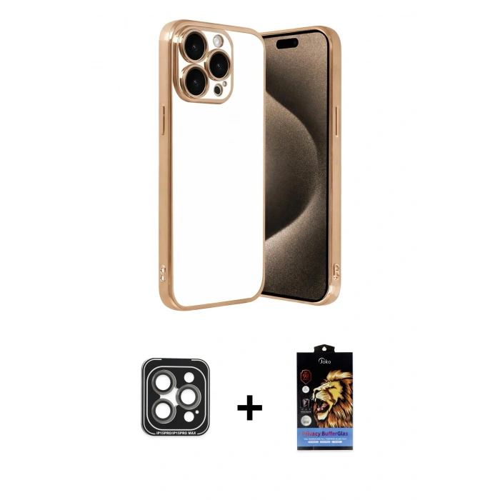MARSİLYAN™- iPhone 15 Pro Max Kılıf Vadi Minimal - Siyah Buffer Hayalet Cam Ekran Koruyucu + Gri PVD Metal Kamera Lens