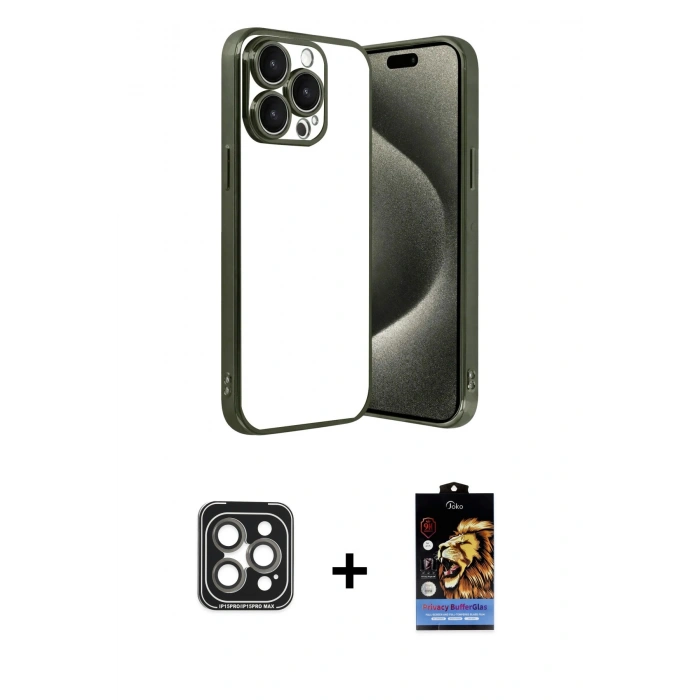 MARSİLYAN™- iPhone 15 Pro Max Kılıf Vadi Minimal - Siyah Buffer Hayalet Cam Ekran Koruyucu + Gri PVD Metal Kamera Lens