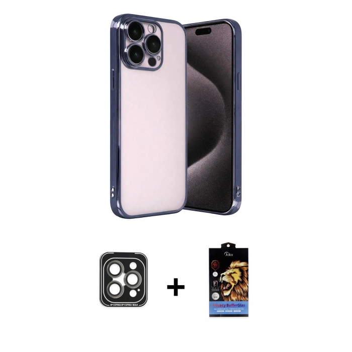 MARSİLYAN™- iPhone 15 Pro Max Kılıf Vadi Minimal - Siyah Buffer Hayalet Cam Ekran Koruyucu + Gri PVD Metal Kamera Lens