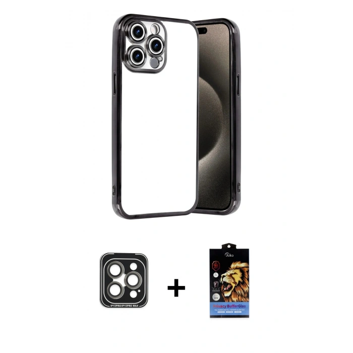 MARSİLYAN™- iPhone 15 Pro Max Kılıf Vadi Minimal - Siyah Buffer Hayalet Cam Ekran Koruyucu + Gri PVD Metal Kamera Lens