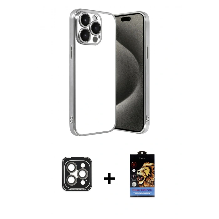 MARSİLYAN™- iPhone 15 Pro Max Kılıf Vadi Minimal - Siyah Buffer Hayalet Cam Ekran Koruyucu + Gri PVD Metal Kamera Lens