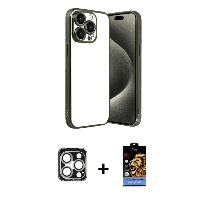 MARSİLYAN™- iPhone 15 Pro Max Kılıf Vadi Minimal - Siyah Buffer Hayalet Cam Ekran Koruyucu + PVD Metal Kamera Lens - GS
