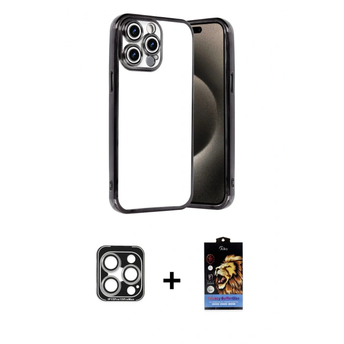 MARSİLYAN™- iPhone 15 Pro Max Kılıf Vadi Minimal - Siyah Buffer Hayalet Cam Ekran Koruyucu + PVD Metal Kamera Lens - GS