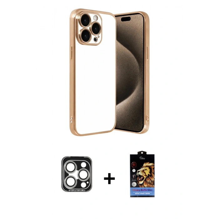 MARSİLYAN™- iPhone 15 Pro Max Kılıf Vadi Minimal - Siyah Buffer Hayalet Cam Ekran Koruyucu + PVD Metal Kamera Lens - GS