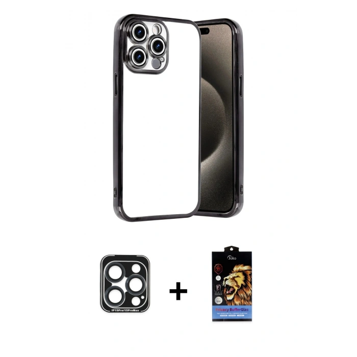 MARSİLYAN™- iPhone 15 Pro Max Kılıf Vadi Minimal - Siyah Buffer Hayalet Cam Ekran Koruyucu + PVD Metal Kamera Lens - LT