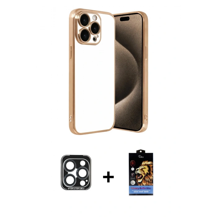 MARSİLYAN™- iPhone 15 Pro Max Kılıf Vadi Minimal - Siyah Buffer Hayalet Cam Ekran Koruyucu + PVD Metal Kamera Lens - LT