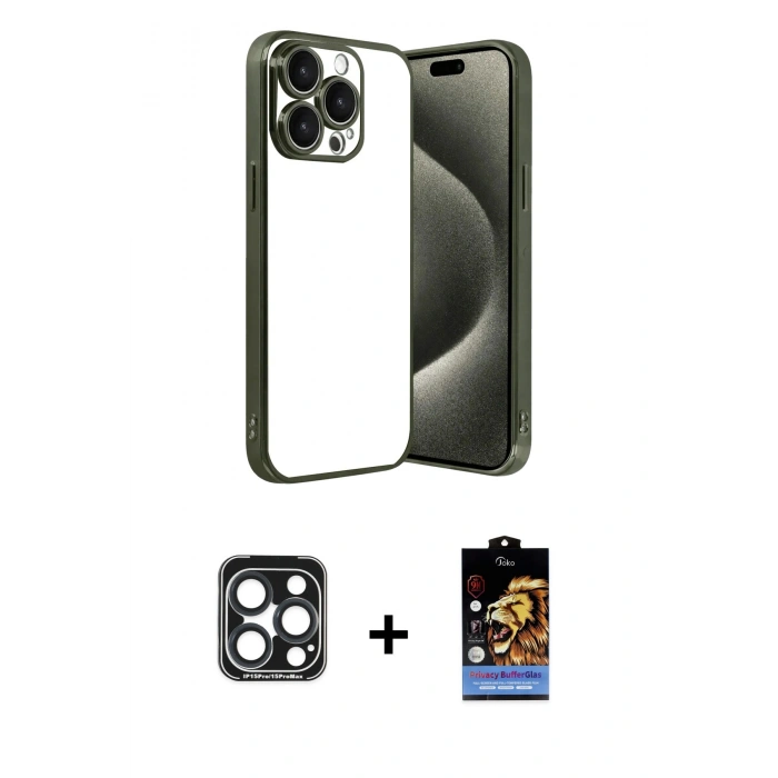 MARSİLYAN™- iPhone 15 Pro Max Kılıf Vadi Minimal - Siyah Buffer Hayalet Cam Ekran Koruyucu + PVD Metal Kamera Lens - LT