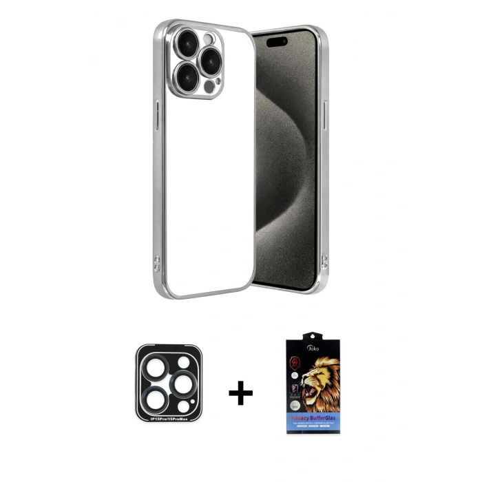 MARSİLYAN™- iPhone 15 Pro Max Kılıf Vadi Minimal - Siyah Buffer Hayalet Cam Ekran Koruyucu + PVD Metal Kamera Lens - LT