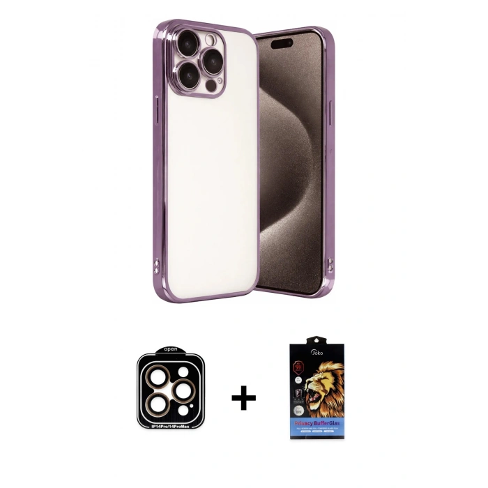 MARSİLYAN™- iPhone 15 Pro Max Kılıf Vadi Minimal - Siyah Buffer Hayalet Cam Ekran Koruyucu + PVD Metal Kamera Lens - TU