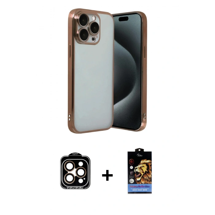 MARSİLYAN™- iPhone 15 Pro Max Kılıf Vadi Minimal - Siyah Buffer Hayalet Cam Ekran Koruyucu + PVD Metal Kamera Lens - TU