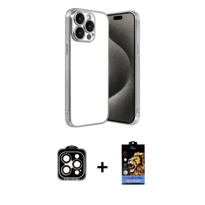 MARSİLYAN™- iPhone 15 Pro Max Kılıf Vadi Minimal - Siyah Buffer Hayalet Cam Ekran Koruyucu + PVD Metal Kamera Lens - TU